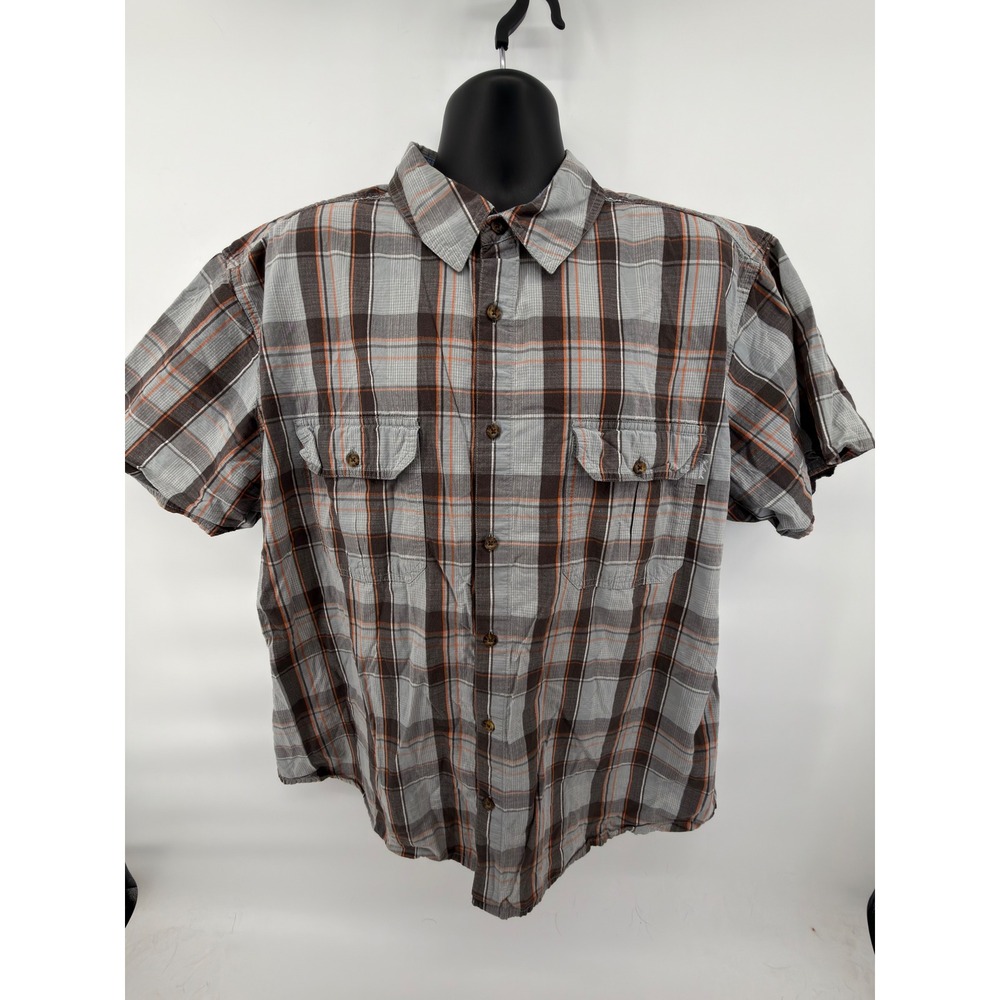 Men's Woolrich Plaid SS Button-Down Shirt 2 XL Gray Orange Casual Outdoor